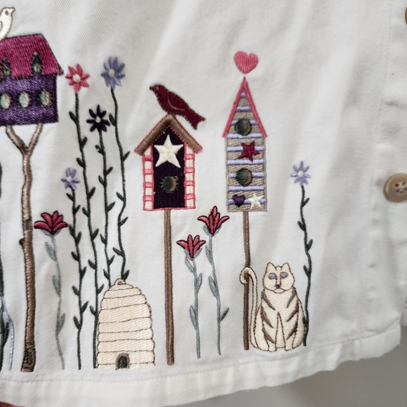 Vintage Christopher & Banks embroidered cat & birds button front shirt jacket XL - Picture 4 of 9